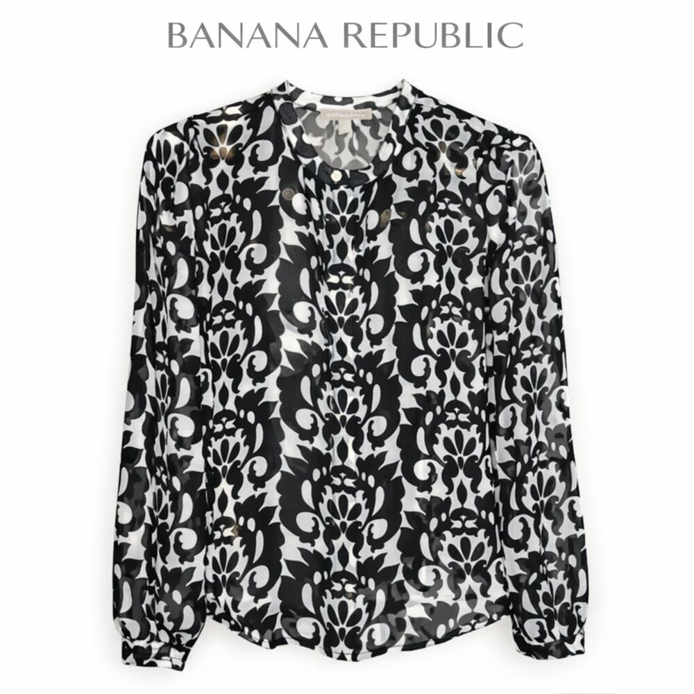 Banana Republic NWT Sheer Floral Blouse XS Black White‎ Button Front Work Top